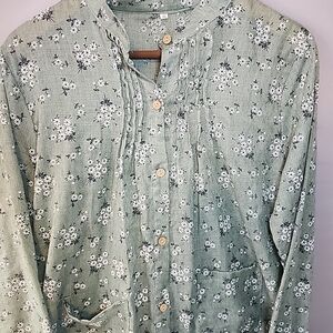 Womens Stand Collar Button Front Tunic Style Long Shirt Green Floral Pockets 1XL